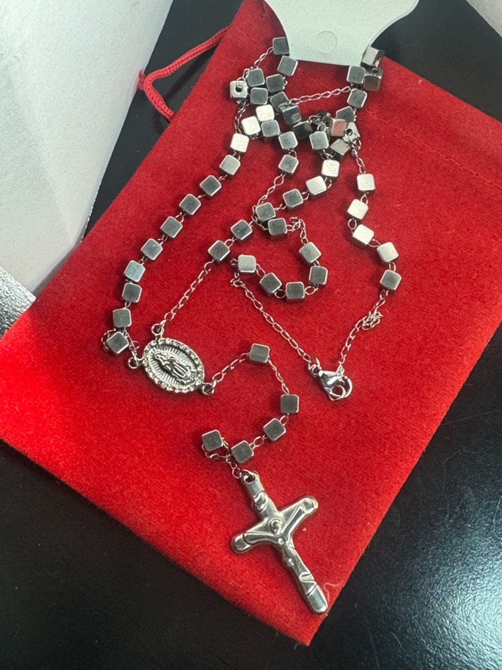 Silver-Tone Rosary Necklace with Crucifix stainless
